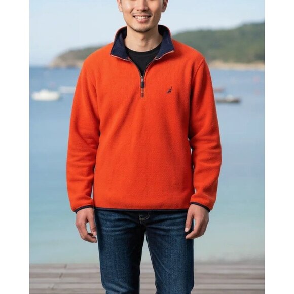 Nautica Mens Red Fleece Pullover Jacket M Polyester Half-Zip Warm Outerwear - Picture 1 of 6